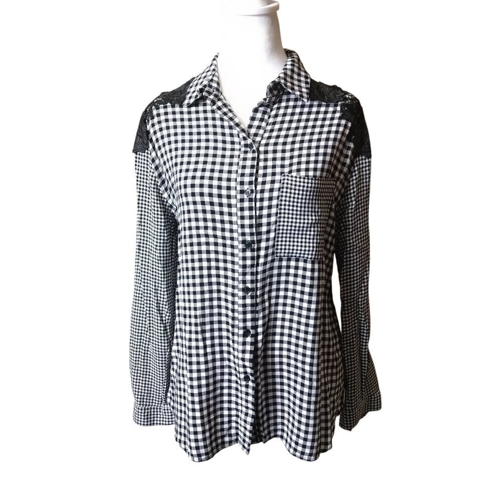 BAKU Size Small Button Front Plaid Gingham Mixed Print Blouse Top Long Sleeve